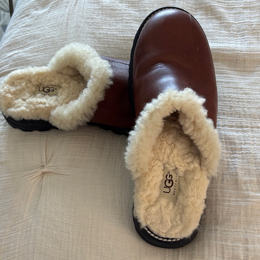 UGG Brown Leather Shearling Slip-On Clog with Cream Lining